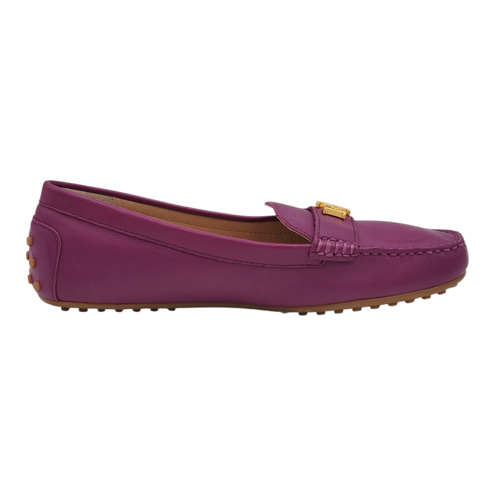 Lauren Ralph Lauren Barnsbury Driving Loafers Women 9 Plum Gold LRL Logo Leather - Picture 2 of 12